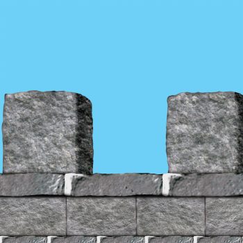 Stone wall with two square battlements against a blue sky.