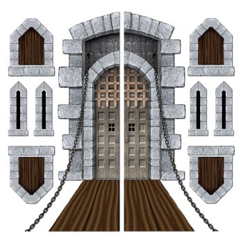 A medieval castle gate with stone walls and wooden doors.