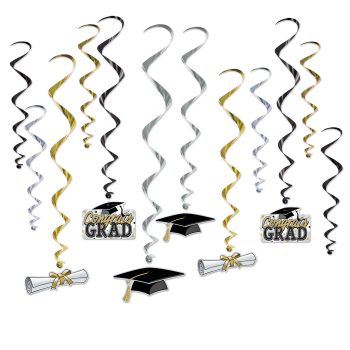 Black and gold graduation-themed hanging swirl decorations with caps and diplomas.