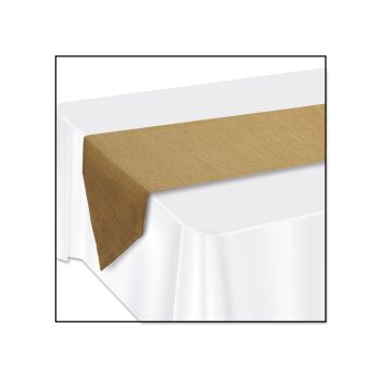 Brown table runner on a white tablecloth.