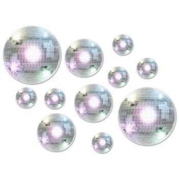 A cluster of shiny disco balls reflecting pastel lights.