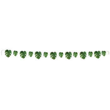 A decorative garland made of green monstera leaves strung together.