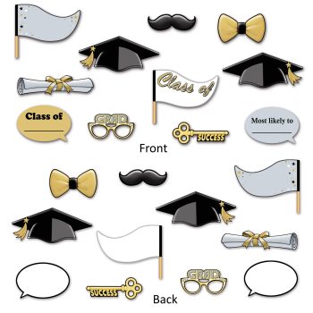 A collection of graduation-themed photo booth props with caps, glasses, and signs.