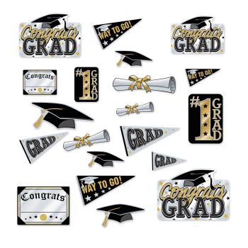 Collection of graduation-themed icons and decorations in black and gold.