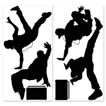 Silhouettes of four breakdancers in dynamic poses around two speakers.