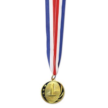 Gold medal with a number one and a red, white, and blue ribbon.