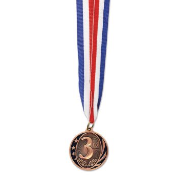 A bronze medal with a red, white, and blue ribbon.