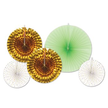 Decorative hanging fans in gold, green, and white colors.