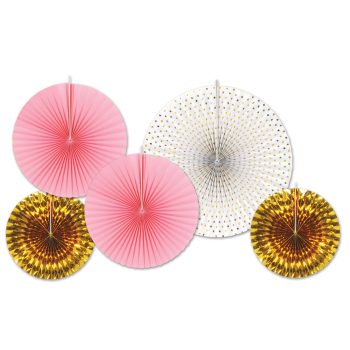 Pink, gold, and white hanging party decorations.