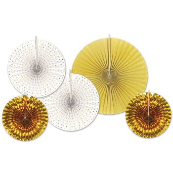 Decorative paper fans and rosettes in white, gold, and yellow colors.