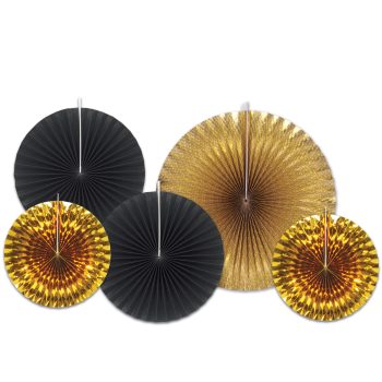 Decorative black and gold paper fans with honeycomb centers for parties.