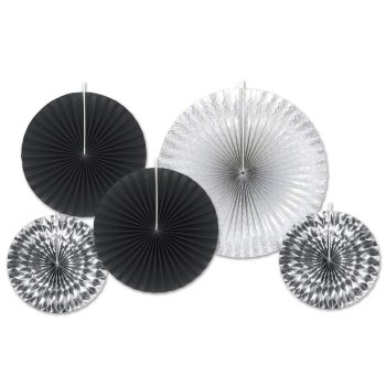 Black and white circular paper decorations of varying sizes.