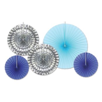 Decorative paper fans in shades of blue and silver.