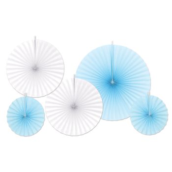Decorative paper fans in white and blue of various sizes.