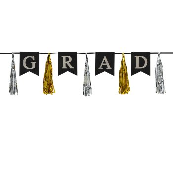 Graduation banner with black and gold tassels.