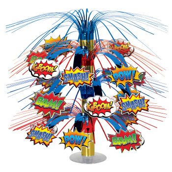 Comic-style sound effect centerpiece with colorful 'boom' and 'pow' signs.