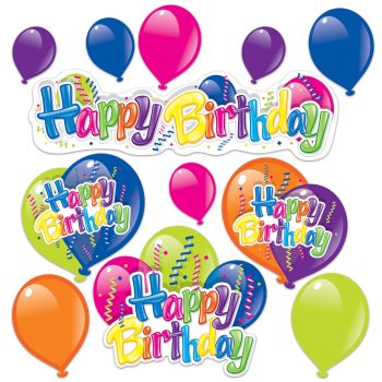 Colorful balloons and Happy Birthday signs celebrate a festive occasion.