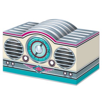 Retro-style radio with a clock and dual speakers in pastel colors.