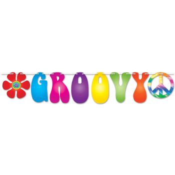 Colorful 'GROOVY' text with flower and peace sign symbols.