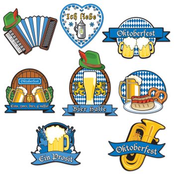 Colorful Oktoberfest badges with beer, pretzels, and musical instruments.