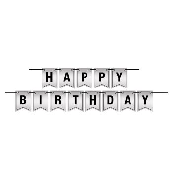 Black and white 'Happy Birthday' banner with block letters.