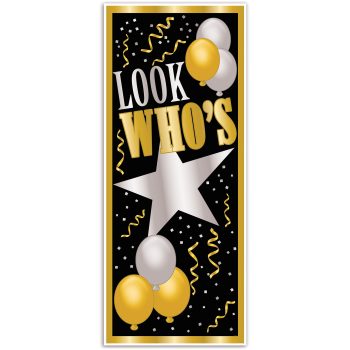 A celebratory banner with balloons and the text 'Look Who's'.