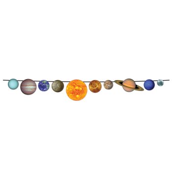 A colorful garland depicting the solar system with the sun and planets.