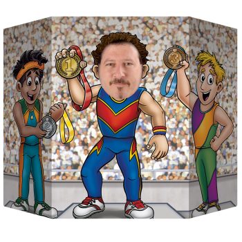 Cartoon of a man with two women holding medals on a sports stage.
