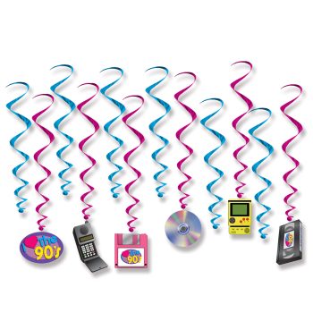 Colorful hanging spiral decorations with 90s-themed icons.