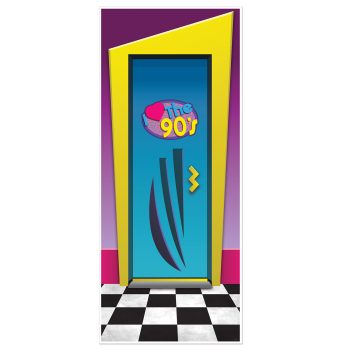 Colorful door with 90's theme and checkered floor.