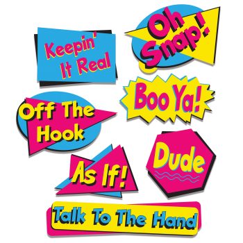 Colorful retro slang phrases in comic-style bursts.