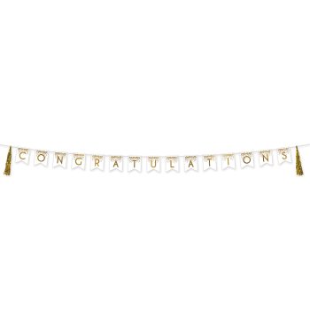Gold and white garland spelling 'HAPPY BIRTHDAY' with gold tassels.