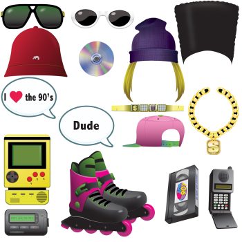 A collection of 90s-themed items including rollerblades, a Game Boy, and retro accessories.