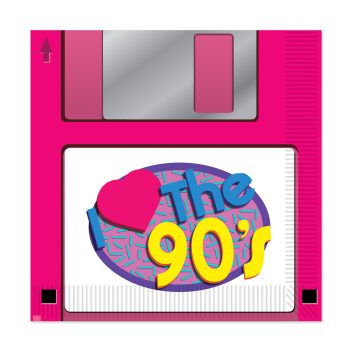 A pink floppy disk labeled 'The 90's'.