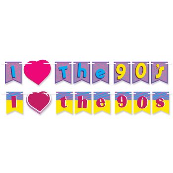 Colorful banners spelling 'I love the 90s' with a heart symbol.