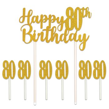 Golden "Happy 80th Birthday" cake topper with matching number picks.