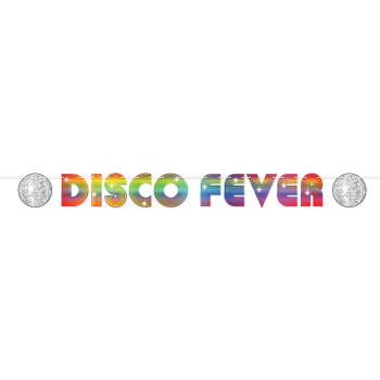 Colorful disco fever text with mirrored disco balls on each side.