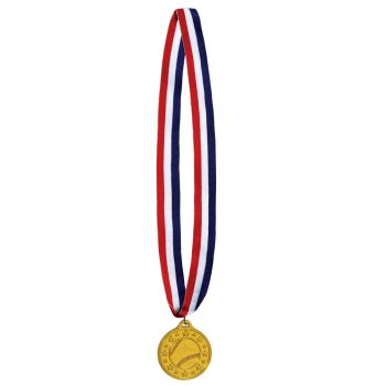 Gold medal with red, white, and blue ribbon.