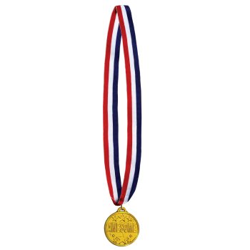 Gold medal with red, white, and blue ribbon.