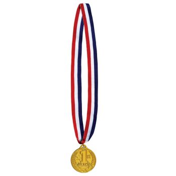 Gold medal with a red, white, and blue ribbon.