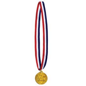 Gold medal with red, white, and blue ribbon.