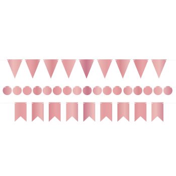 Three rows of pink party decorations including flags, circles, and banners.