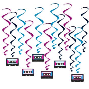 Colorful cassette tapes with hanging spiral streamers in pink, blue, and black.