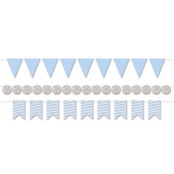 Blue and white decorative banners with flags and circles.
