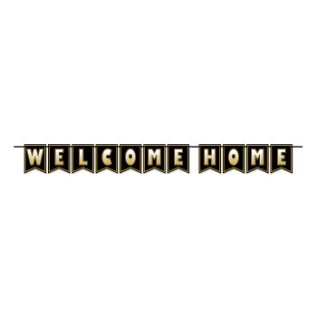 Black and gold 'WELCOME HOME' banner with a stylish design.