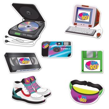 A collection of 90s-themed gadgets and accessories with vibrant colors.