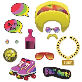 Colorful 1970s disco-themed accessories including roller skates and afro wig.