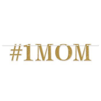 Gold banner spelling #1MOM in elegant letters.
