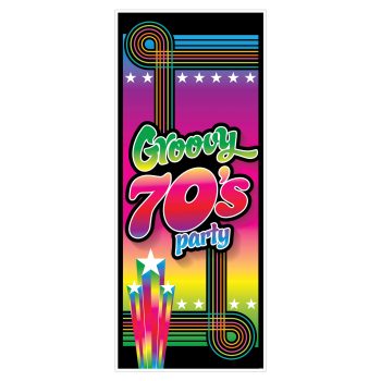 Bright, colorful 70s party banner with retro design and disco vibes.