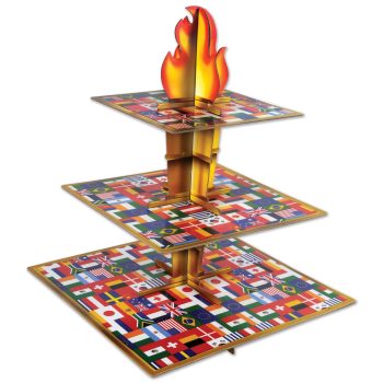Olympic torch with platforms covered in various national flags.